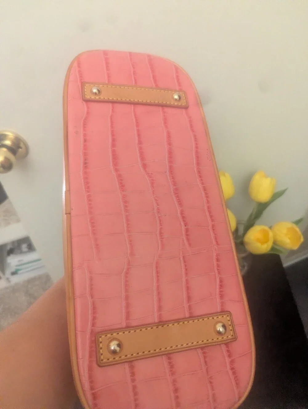 Dooney & Bourke Pink Croc-Embossed Satchel with Tan Trim and Handles